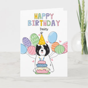 Cartão Festa de aniversário de Cachorro Negro Branco Tibe