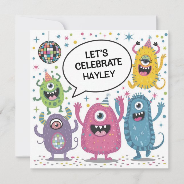 Cartão Festa de Aniversário de Crianças com Monstros Danç (Frente)