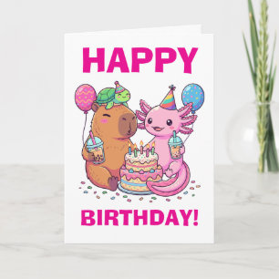 Cartão Festa de Aniversário do Kawaii Capybara e Axolotl