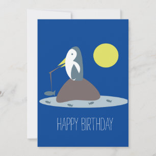 Cartão Festa de Aniversário do Pinguim Fofo Pescando
