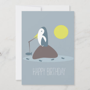 Cartão Festa de Aniversário do Pinguim Fofo Pescando