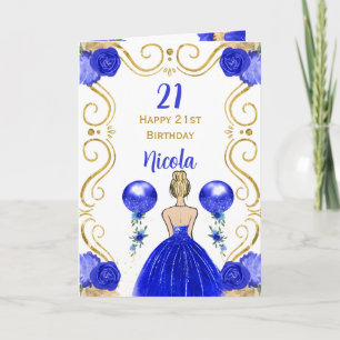 Cartão Festa de aniversário Loira Princesa Azul Feliz Ani