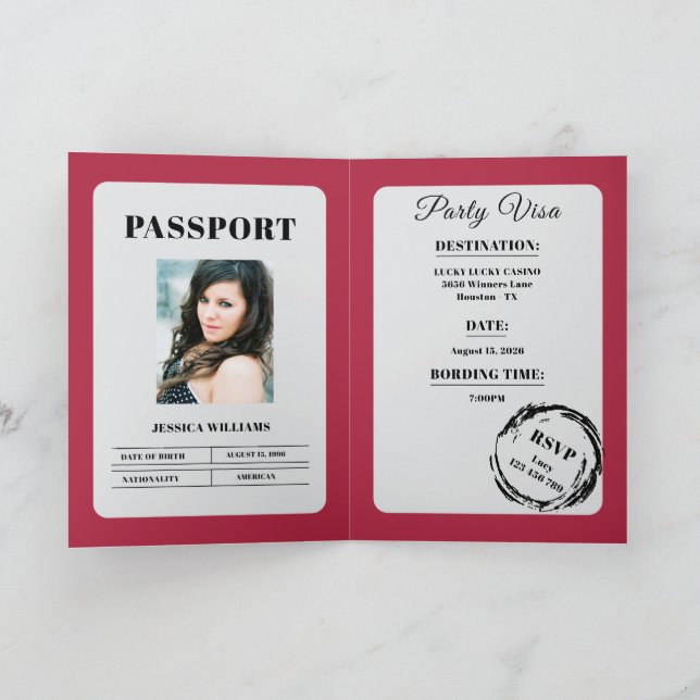 Cartão Festa de Aniversário Rosa Estilo Passaporte (Interior)