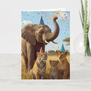 Cartão Festa de Aniversário Safari Animais com Confetes