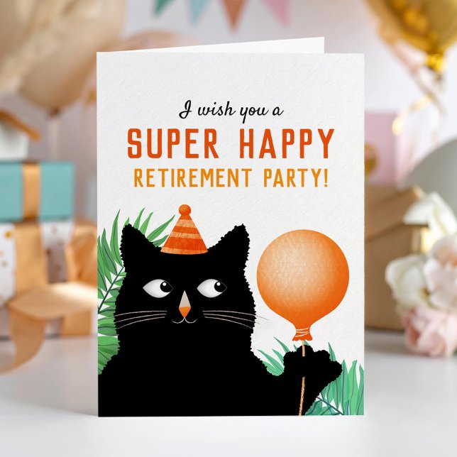 Cartão Festa de aposentadoria com gato preto e balão (Criador carregado)