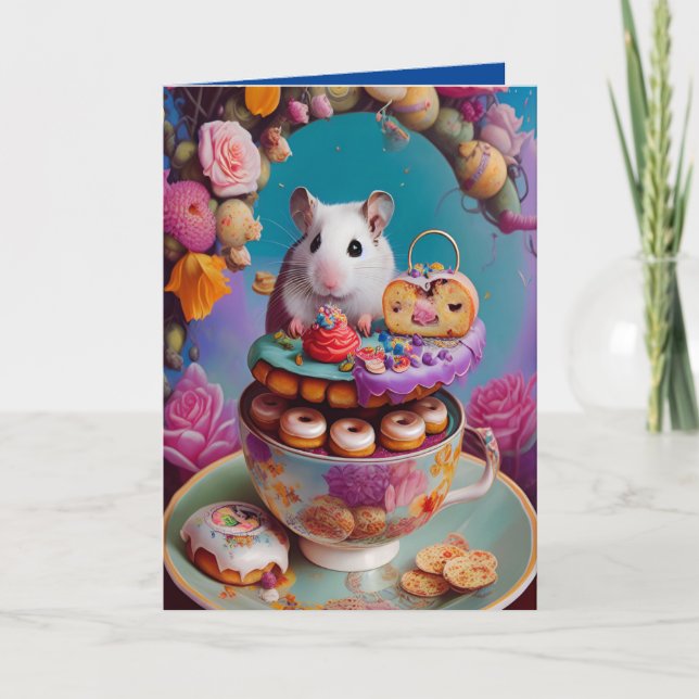 Cartão Festa de Chá do Hamster Sírio Branco com Donuts QU (Frente)