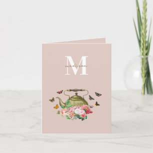 Cartão Festa de Chás em Rosa Floral & Borboletas Monogram