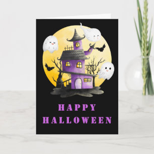 Cartão Festa de Halloween com Casa Assombrada e Fantasmas