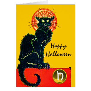 CARTÃO FESTA DE HALLOWEEN DO GATO PRETO MONOGRAMA