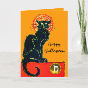 CARTÃO FESTA DE HALLOWEEN DO GATO PRETO MONOGRAMA