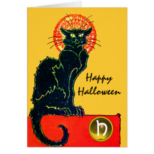 CARTÃO FESTA DE HALLOWEEN DO GATO PRETO MONOGRAMA