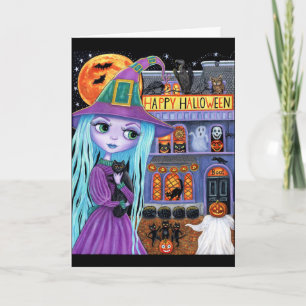 Cartão Festa de Halloween Gata Preta Bruxa Fofa Casa Asso