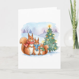 Cartão Festa de Natal em Aquarela Família de Esquilos Fof