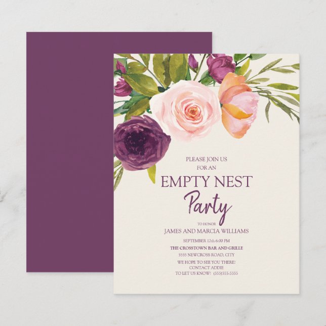 Cartão Festa de Ninho Vazio com Flores Rosa e Bege Roxo (Frente/Verso)