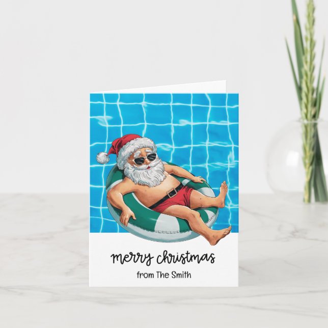Cartão Festa de piscina com Papai Noel para o Natal em ju (Frente)