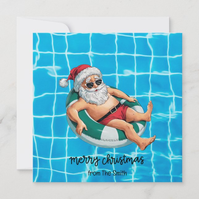 Cartão Festa de piscina com Papai Noel para o Natal em ju (Frente)
