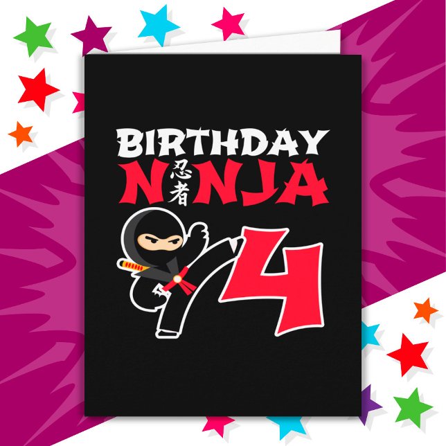 Cartão Festa Karate Ninja de 4 anos Crianças 4. Aniversár (Criador carregado)