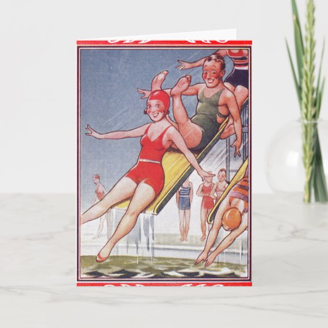 Cartão Festa piscina Vintage Natação Verão (Frente)