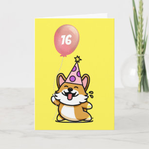 Cartão Festa rosa e roxa que Corgi 16º Aniversário