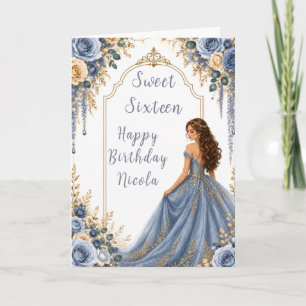 Cartão Festa Sweet Sixteen Floral Azul Poeirado Dourado