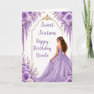 Cartão Festa Sweet Sixteen Floral Dourada Lavanda Suave