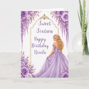 Cartão Festa Sweet Sixteen Floral Dourada Lavanda Suave