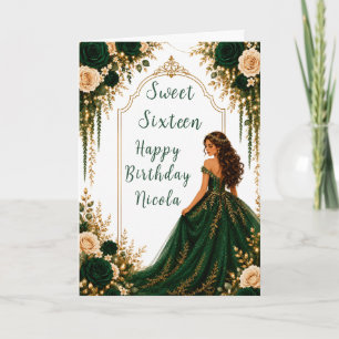 Cartão Festa Sweet Sixteen Floral Dourada Verde Esmeralda
