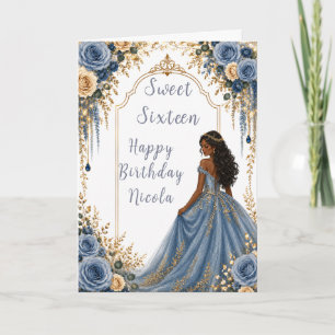 Cartão Festa Sweet Sixteen Floral Dourado Azul Empoeirado