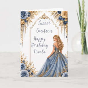 Cartão Festa Sweet Sixteen Floral Dourado Azul Empoeirado