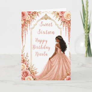 Cartão Festa Sweet Sixteen Floral Rosa Bege Dourado