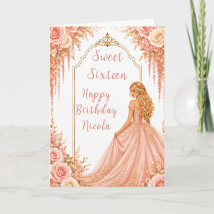 Cartão Festa Sweet Sixteen Floral Rosa Bege Dourado
