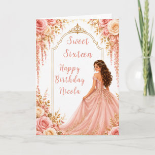 Cartão Festa Sweet Sixteen Floral Rosa Bege e Dourado