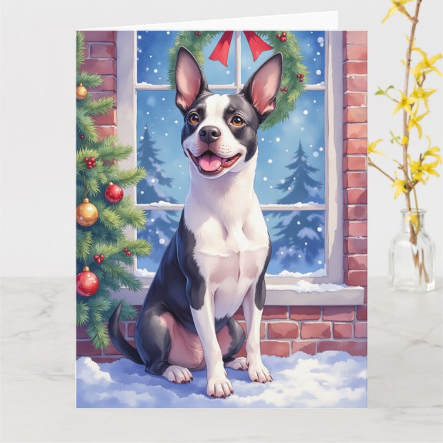 Cartão Festive Boston Terrier Christmas Art (Flor Amarela)