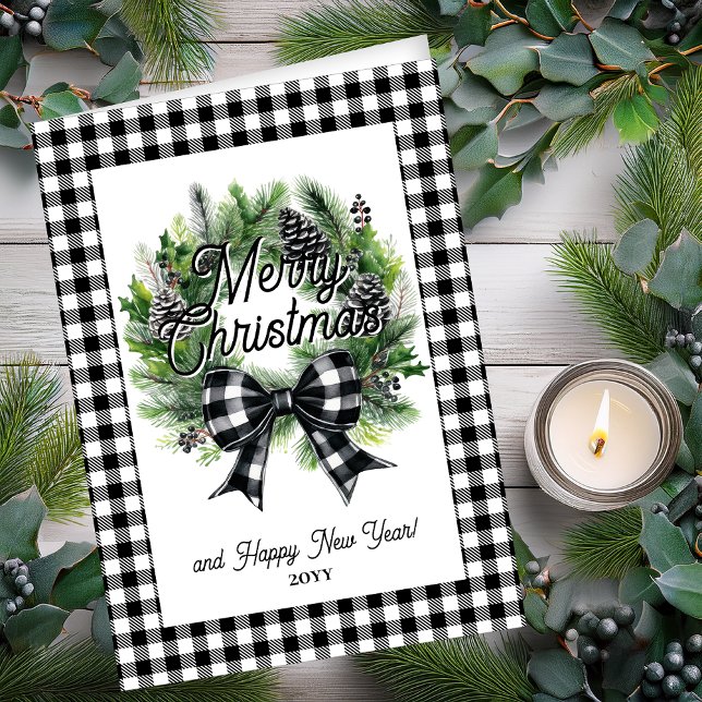Cartão Festive Holiday Wreath Merry Christmas Non-Photo (Festive Holiday Wreath with Black | White Check Coquette Bow "Merry Christmas" Holiday Folded Card)