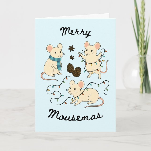 Cartão Festive Mice with Fairy Lights – Christmas Card (Frente)