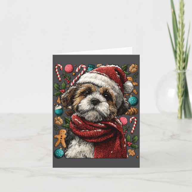Cartão Festive Shih Tzu With Santa Hat Snowy Winter Chris (Frente)
