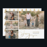 Cartão Festivo de Férias Dourado Collage<br><div class="desc">Mande desejos de Natal para sua família e amigos com este cartão festivo. Esta simples design de Cartão de Natal tem uma colagem de quatro fotos na frente, acompanhadas por uma inscrição de mão girada em folha de ouro e um padrão de árvore de natal no verso. O estilo moderno...</div>