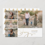 Cartão Festivo de Férias Dourado Collage<br><div class="desc">Mande desejos de Natal para sua família e amigos com este cartão festivo. Esta simples design de Cartão de Natal tem uma colagem de quatro fotos na frente, acompanhadas por uma inscrição de mão girada em folha de ouro e um padrão de árvore de natal no verso. O estilo moderno...</div>