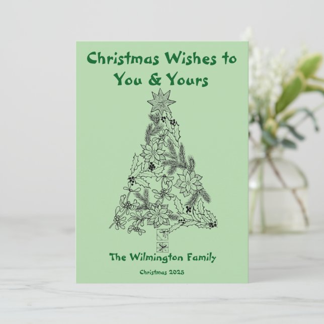 Cartão Festivo Green Tree Family Christmas Flat (Em pé/Frente)