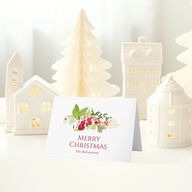 Cartão Festivo Holly Berry e Evergreen Watercolor (Criador carregado)