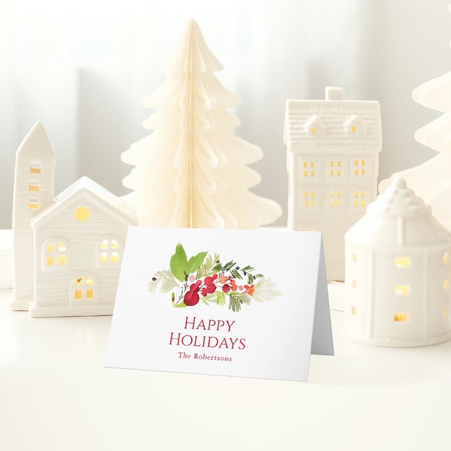 Cartão Festivo Holly Berry e Evergreen Watercolor (Criador carregado)