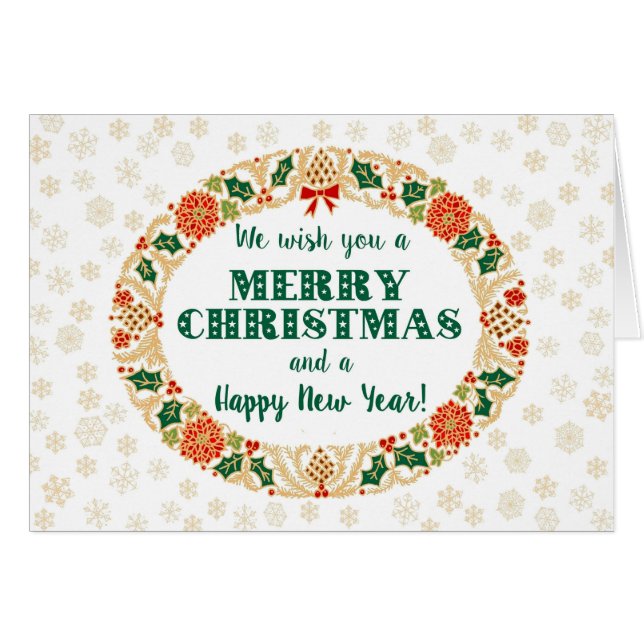 Cartão Festivo Natal Holly Wreath com flocos de neve (Frente Horizontal)