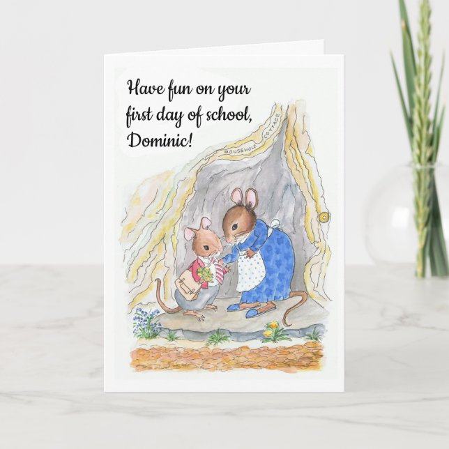 Cartão Fez uma festa de beleza, boa sorte na nova escola (Frente)