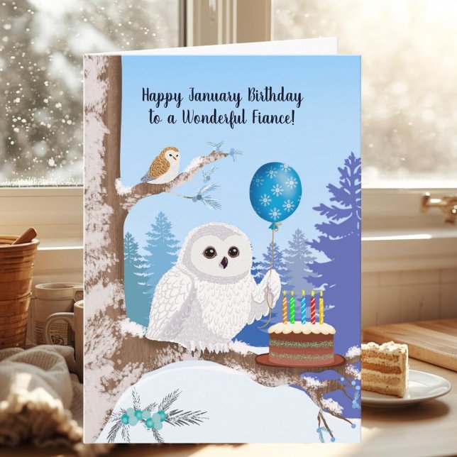 Cartão Fiance Happy January Birthday Snowy Owl (Criador carregado)
