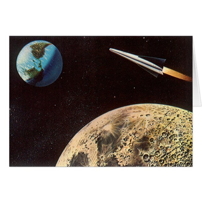 Cartão Ficção científica retrô, nave espacial sobre a lua (Frente Horizontal)