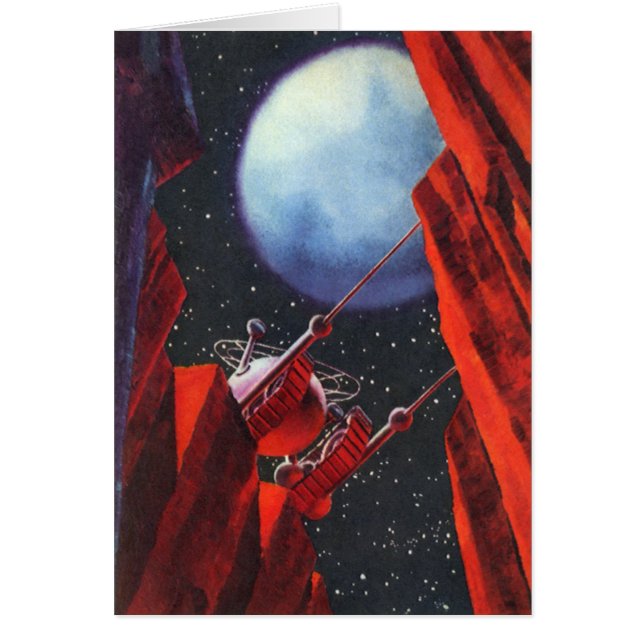 Cartão Ficção científica retrô, veículo espacial explorad (Frente)