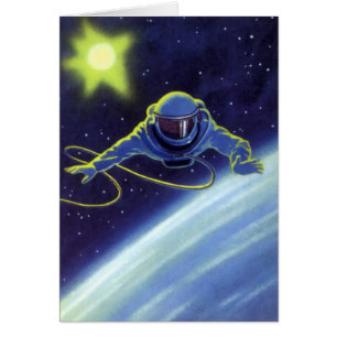 Cartão Ficção Científica Vintage Astronauta em uma Caminh
