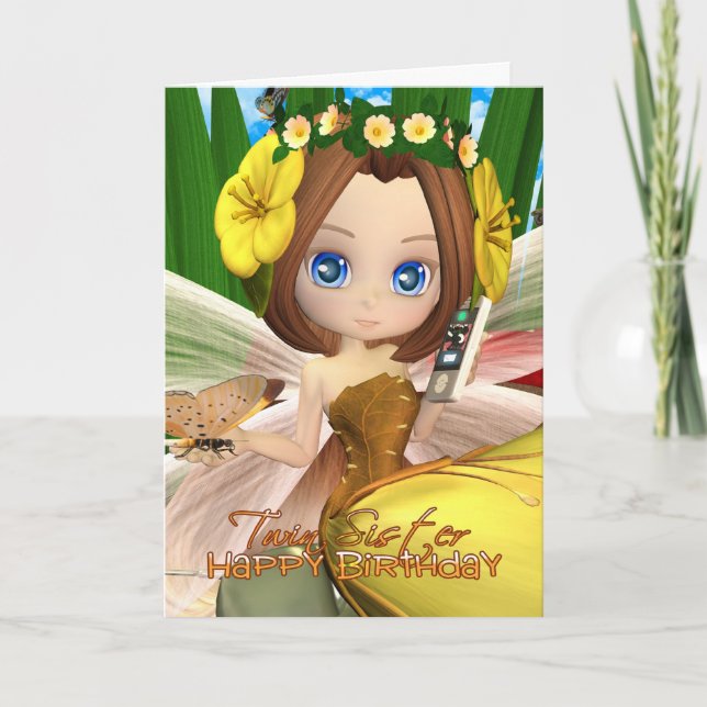 Cartão Ficha de aniversário da irmã gêmea com luas, bonec (Frente)