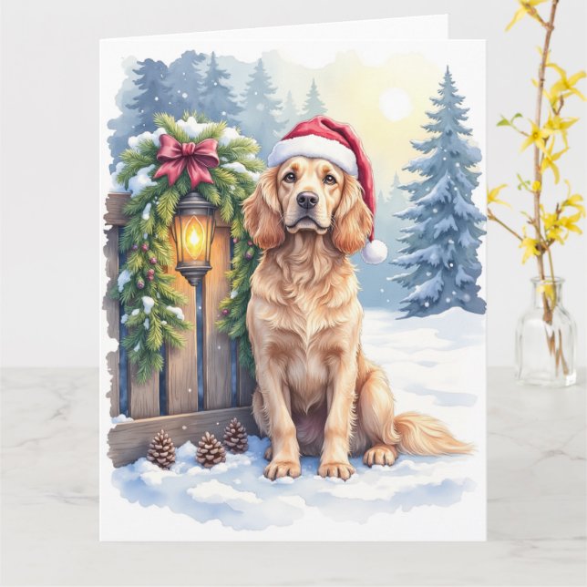 Cartão Field Spaniel Snowy Fence Santa Hat Christmas Art (Flor Amarela)