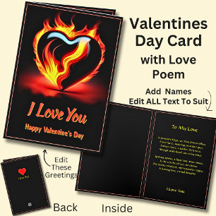 Cartão Fiery Red Namorados Heart Love with Poem
